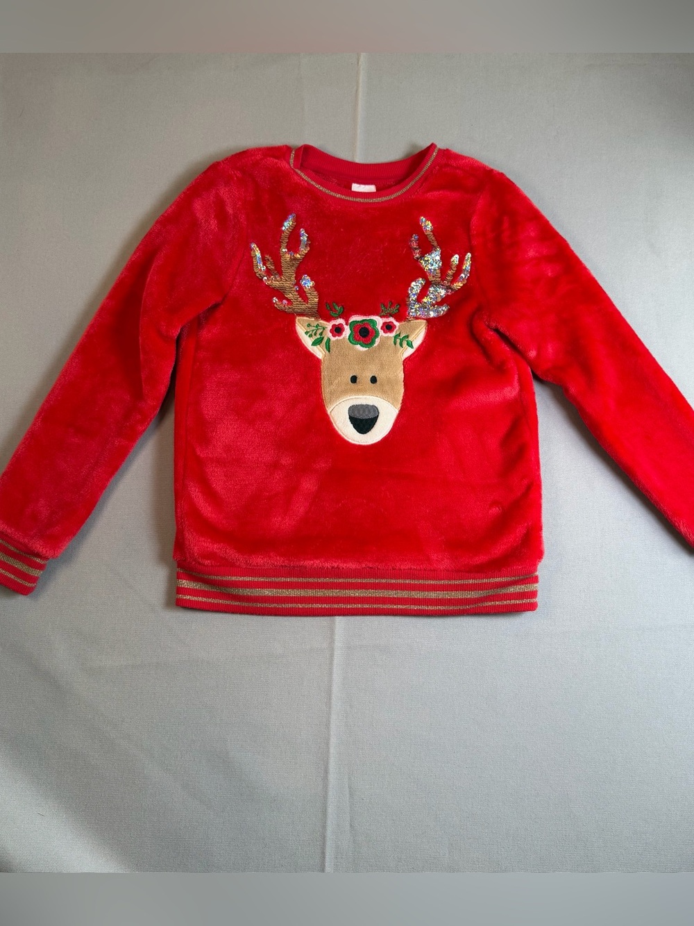 Wonder Nation Girls szM (7-8) Red Reindeer Plush Embroidered Sequence Sweatshirt